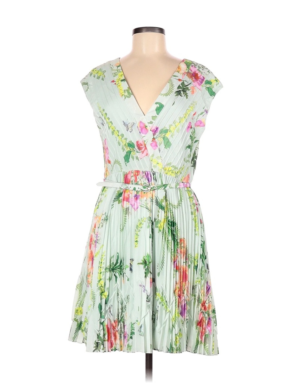 Ted Baker London Size 4 Floral Pleated V-Neck Dress in Light Mint
